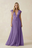 V - Neck A - Line Chiffon Cap Sleeves Bridesmaid Dress in Tahiti - KissProm Bridesmaid Dresses