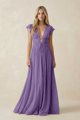 V - Neck A - Line Chiffon Cap Sleeves Bridesmaid Dress in Tahiti - KissProm Bridesmaid Dresses