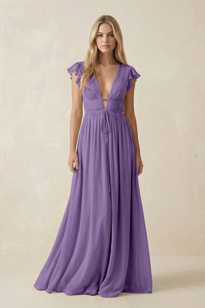 V - Neck A - Line Chiffon Cap Sleeves Bridesmaid Dress in Tahiti - KissProm Bridesmaid Dresses