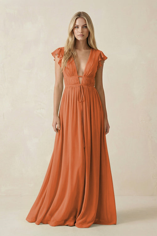 V-Neck A-Line Chiffon Cap Sleeves Bridesmaid Dress in Terracotta, Terracotta / 30