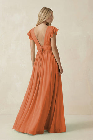 V - Neck A - Line Chiffon Cap Sleeves Bridesmaid Dress in Terracotta - KissProm Bridesmaid Dresses