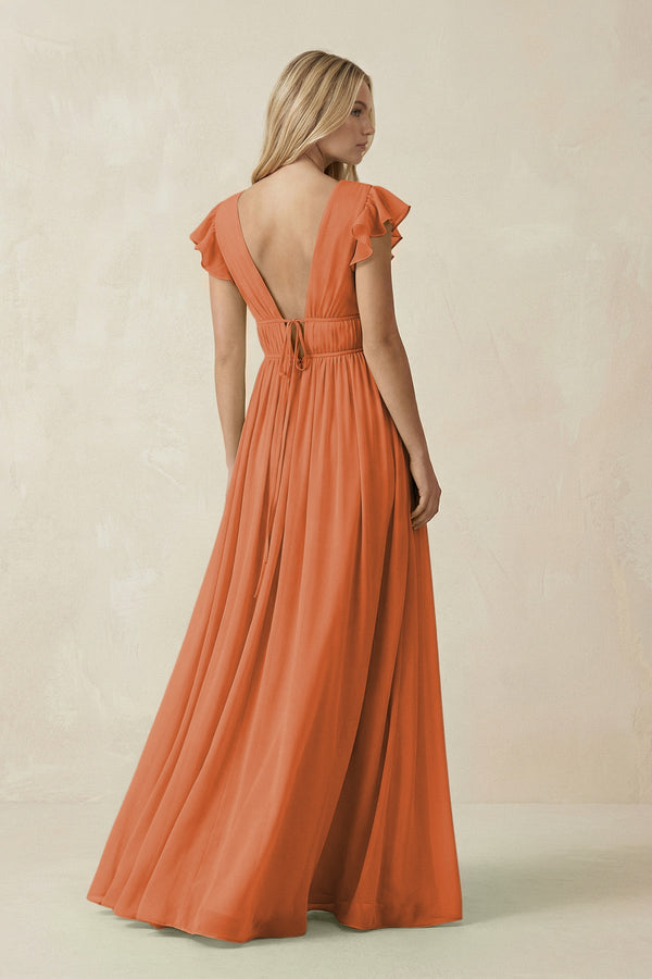 v neck cap sleeve dress V-Neck A-Line Chiffon Cap Sleeves Bridesmaid Dress in Terracotta, Terracotta / 30