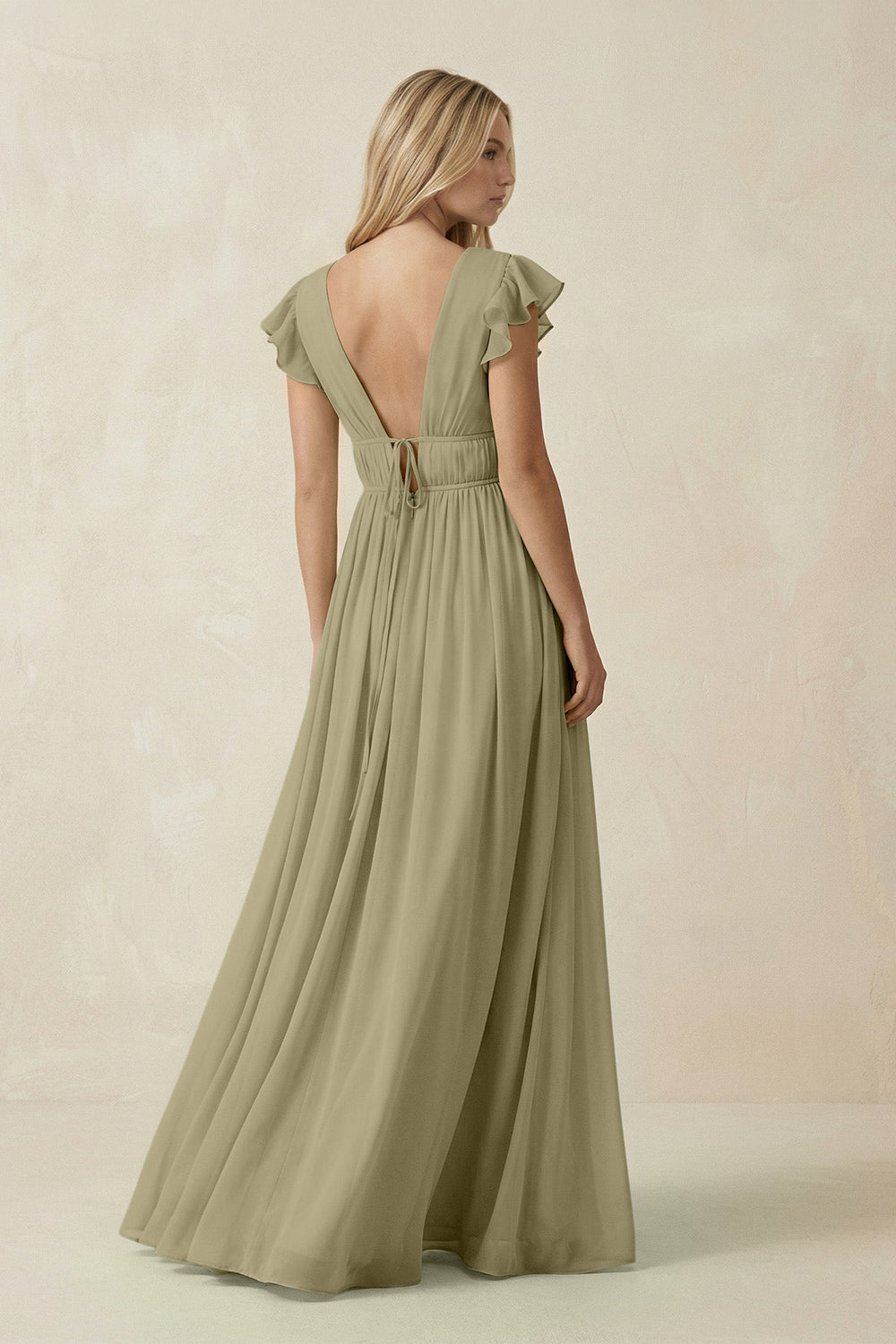 V - Neck A - Line Chiffon Cap Sleeves Bridesmaid Dress in Thyme - KissProm Bridesmaid Dresses
