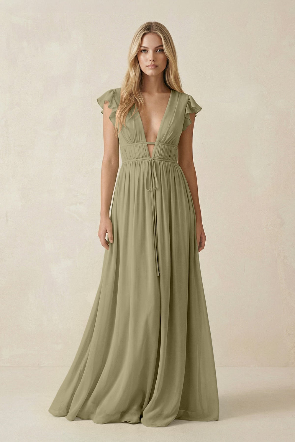 V - Neck A - Line Chiffon Cap Sleeves Bridesmaid Dress in Thyme - KissProm Bridesmaid Dresses