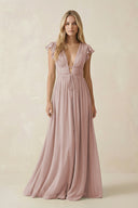 V - Neck A - Line Chiffon Cap Sleeves Bridesmaid Dress in Toffee - KissProm Bridesmaid Dresses