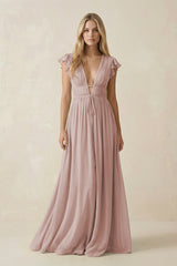 V - Neck A - Line Chiffon Cap Sleeves Bridesmaid Dress in Toffee - KissProm Bridesmaid Dresses