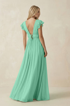 V - Neck A - Line Chiffon Cap Sleeves Bridesmaid Dress in Turquoise - KissProm Bridesmaid Dresses