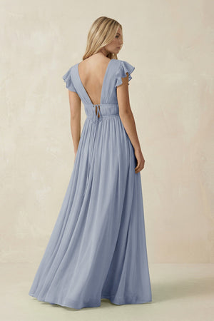 V - Neck A - Line Chiffon Cap Sleeves Bridesmaid Dress in Twilight - KissProm Bridesmaid Dresses