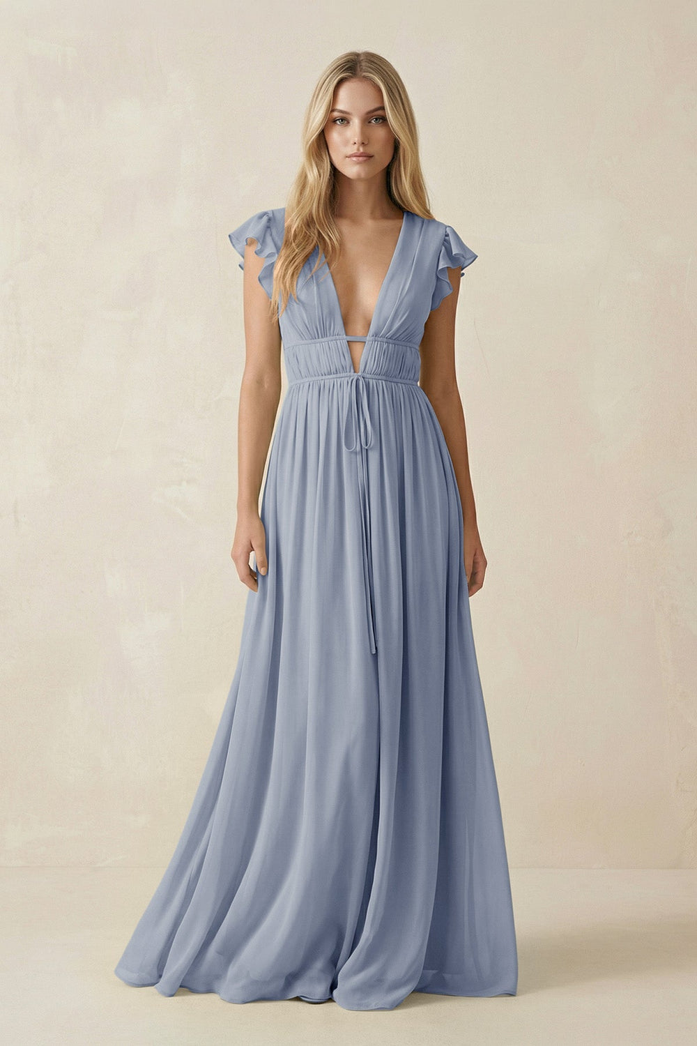 V - Neck A - Line Chiffon Cap Sleeves Bridesmaid Dress in Twilight - KissProm Bridesmaid Dresses