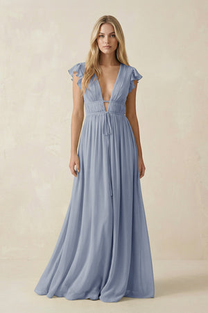 V - Neck A - Line Chiffon Cap Sleeves Bridesmaid Dress in Twilight - KissProm Bridesmaid Dresses