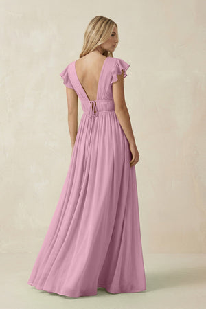 V - Neck A - Line Chiffon Cap Sleeves Bridesmaid Dress in Vintage Mauve - KissProm Bridesmaid Dresses