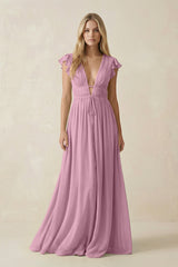 V - Neck A - Line Chiffon Cap Sleeves Bridesmaid Dress in Vintage Mauve - KissProm Bridesmaid Dresses