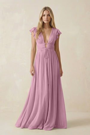 V - Neck A - Line Chiffon Cap Sleeves Bridesmaid Dress in Vintage Mauve - KissProm Bridesmaid Dresses