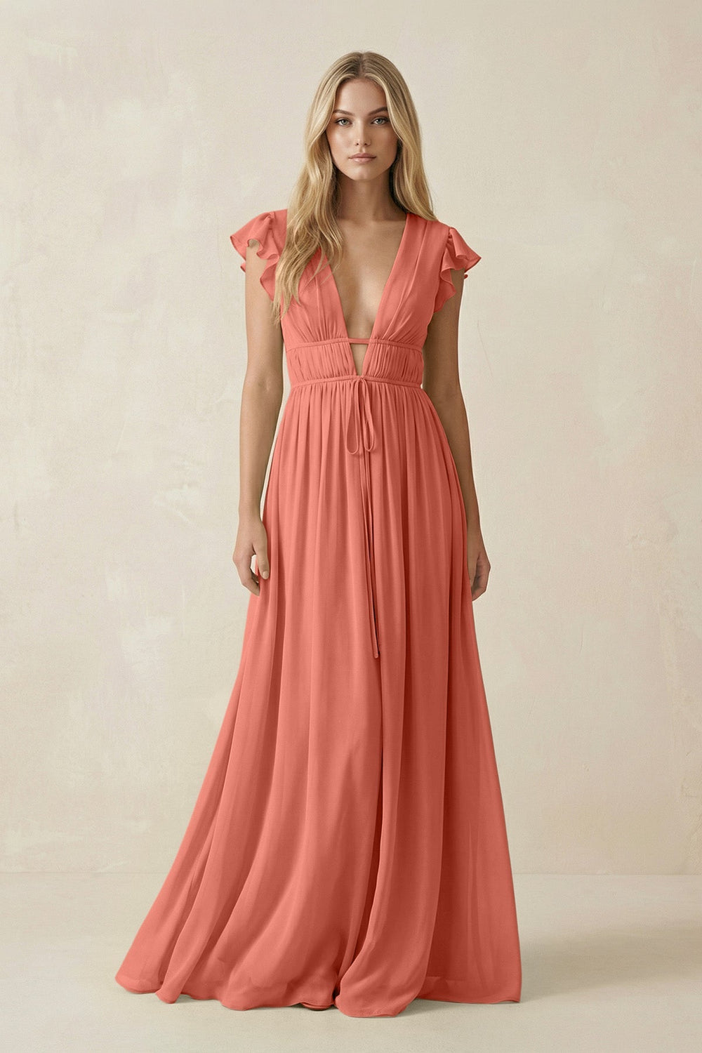 V - Neck A - Line Chiffon Cap Sleeves Bridesmaid Dress in Wild Rose - KissProm Bridesmaid Dresses