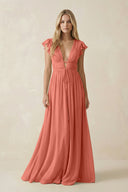 V - Neck A - Line Chiffon Cap Sleeves Bridesmaid Dress in Wild Rose - KissProm Bridesmaid Dresses