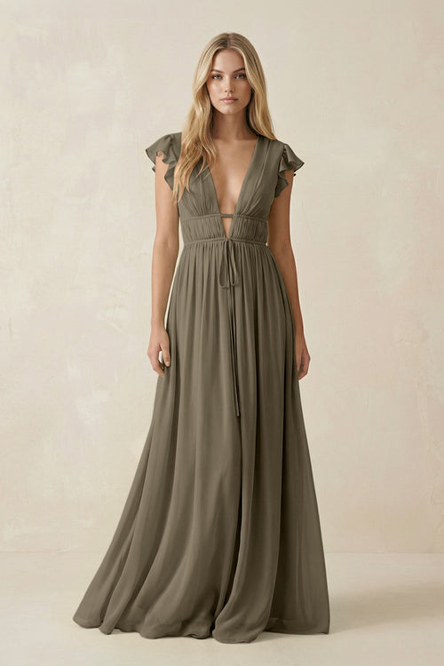 KissProm V-Neck A-Line Chiffon Cap Sleeves Bridesmaid Dress in Willow Green, Willow Green / 12