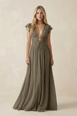 V - Neck A - Line Chiffon Cap Sleeves Bridesmaid Dress in Willow Green - KissProm Bridesmaid Dresses