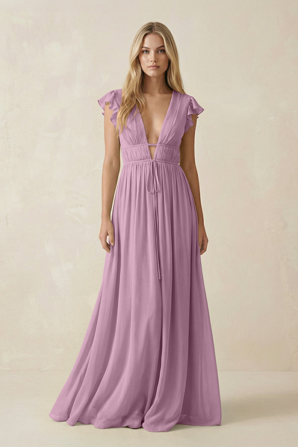 V - Neck A - Line Chiffon Cap Sleeves Bridesmaid Dress in Wisteria - KissProm Bridesmaid Dresses