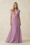V - Neck A - Line Chiffon Cap Sleeves Bridesmaid Dress in Wisteria - KissProm Bridesmaid Dresses