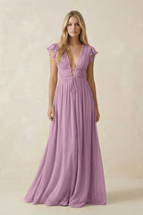 V - Neck A - Line Chiffon Cap Sleeves Bridesmaid Dress in Wisteria - KissProm Bridesmaid Dresses