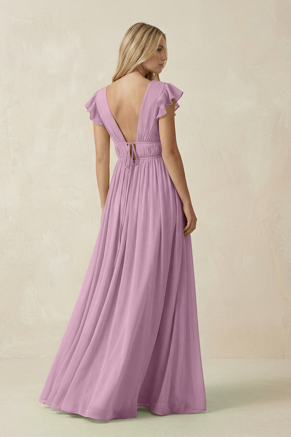V - Neck A - Line Chiffon Cap Sleeves Bridesmaid Dress in Wisteria - KissProm Bridesmaid Dresses