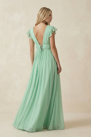 V - Neck A - Line Chiffon Cap Sleeves Long Bridesmaid Dress - KissProm Bridesmaid Dresses