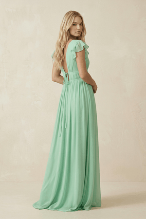 V - Neck A - Line Chiffon Cap Sleeves Long Bridesmaid Dress - KissProm Bridesmaid Dresses