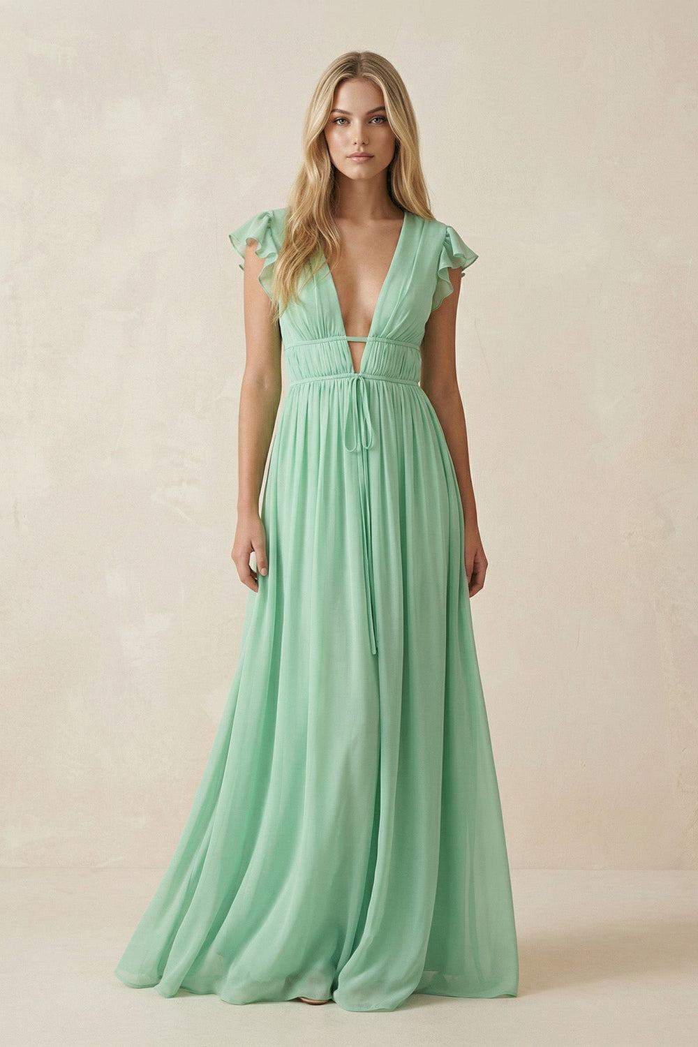 V - Neck A - Line Chiffon Cap Sleeves Long Bridesmaid Dress - KissProm Bridesmaid Dresses