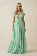 V - Neck A - Line Chiffon Cap Sleeves Long Bridesmaid Dress - KissProm Bridesmaid Dresses