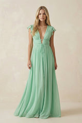 V - Neck A - Line Chiffon Cap Sleeves Long Bridesmaid Dress - KissProm Bridesmaid Dresses