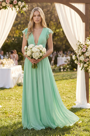 V - Neck A - Line Chiffon Cap Sleeves Long Bridesmaid Dress - KissProm Bridesmaid Dresses