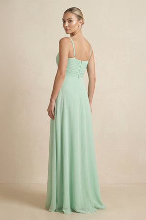 V-Neck A-Line Chiffon Pleated Bridesmaid Dress in Pale Pistachio - KissProm BRIDESMAID DRESSES