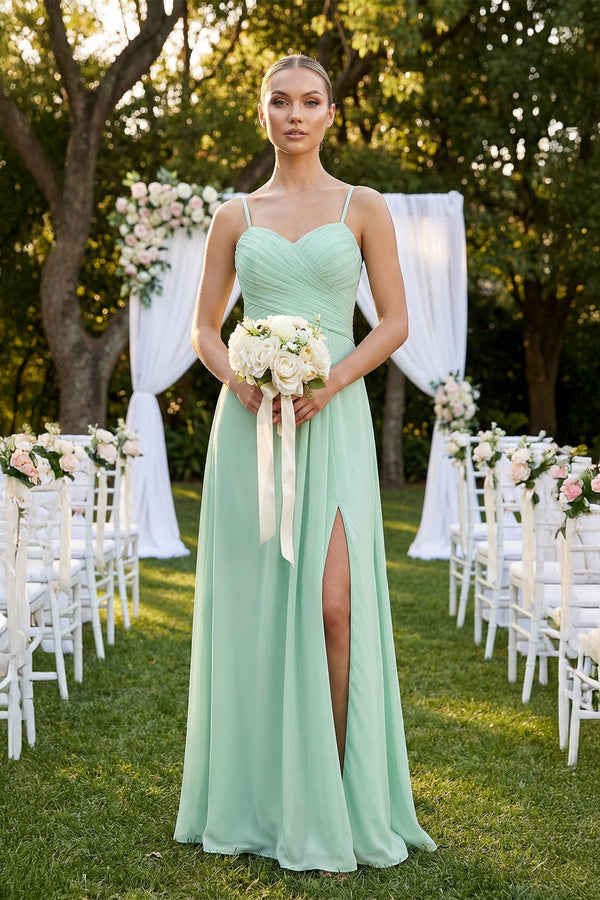 V-Neck A-Line Chiffon Pleated Bridesmaid Dress in Pale Pistachio - KissProm BRIDESMAID DRESSES