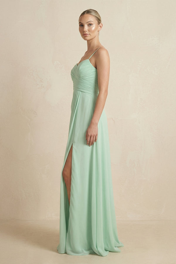 V-Neck A-Line Chiffon Pleated Bridesmaid Dress in Pale Pistachio - KissProm BRIDESMAID DRESSES