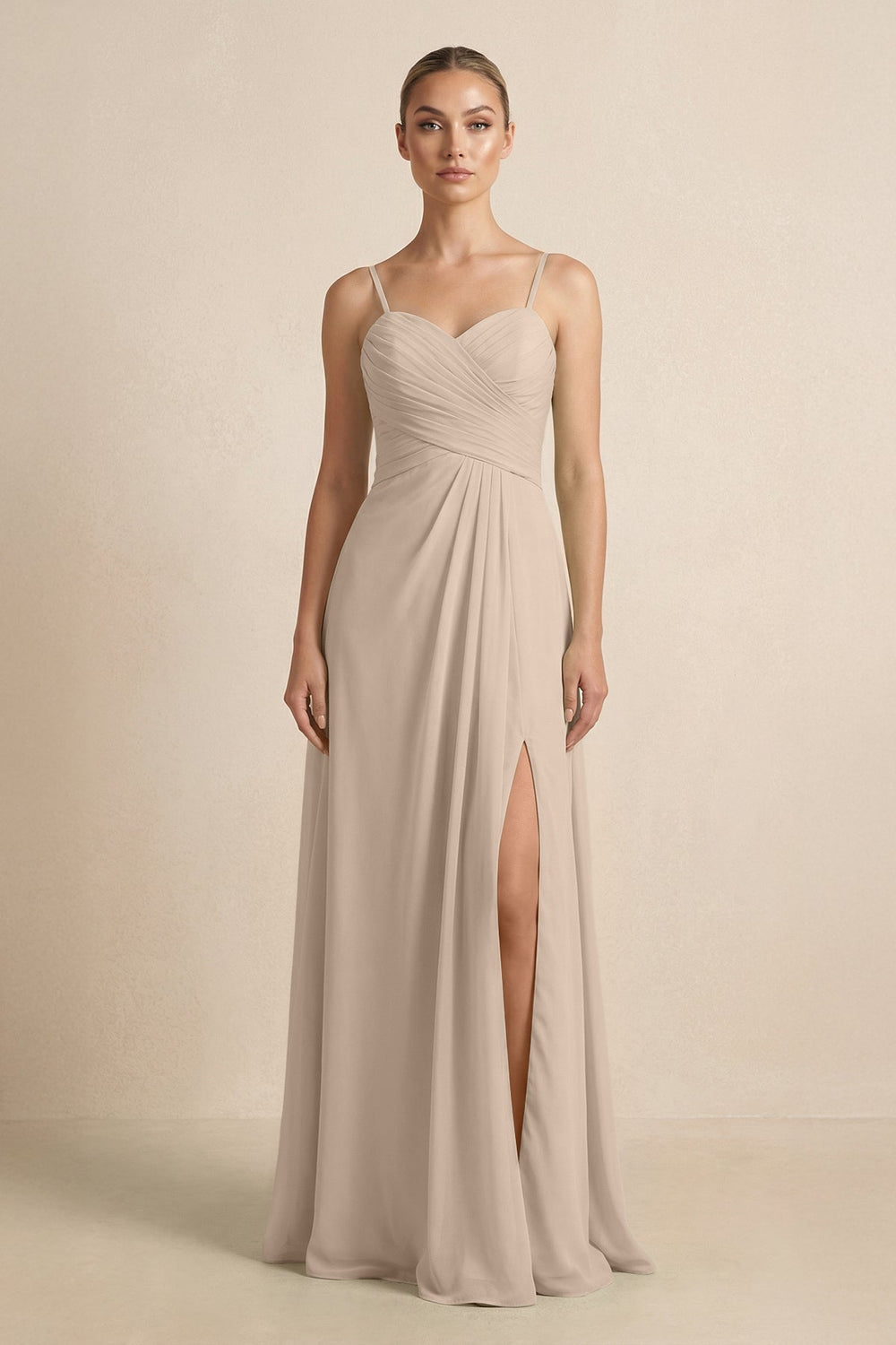 V - Neck A - Line Chiffon Pleated Bridesmaid Dress in Almond - KissProm Bridesmaid Dresses