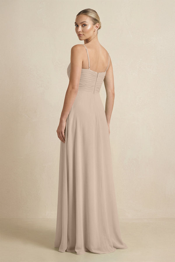 V - Neck A - Line Chiffon Pleated Bridesmaid Dress in Almond - KissProm Bridesmaid Dresses