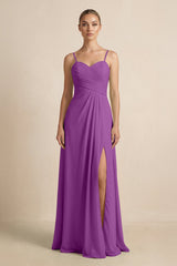 V - Neck A - Line Chiffon Pleated Bridesmaid Dress in Amethyst - KissProm Bridesmaid Dresses
