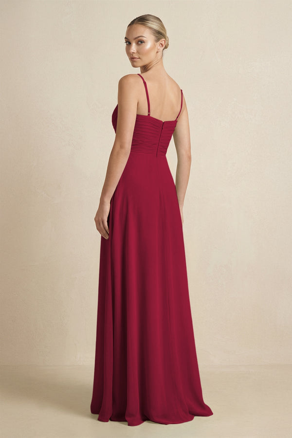 V - Neck A - Line Chiffon Pleated Bridesmaid Dress in Berry - KissProm Bridesmaid Dresses