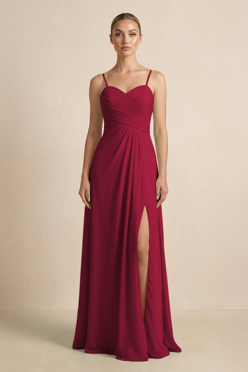 V - Neck A - Line Chiffon Pleated Bridesmaid Dress in Berry - KissProm Bridesmaid Dresses