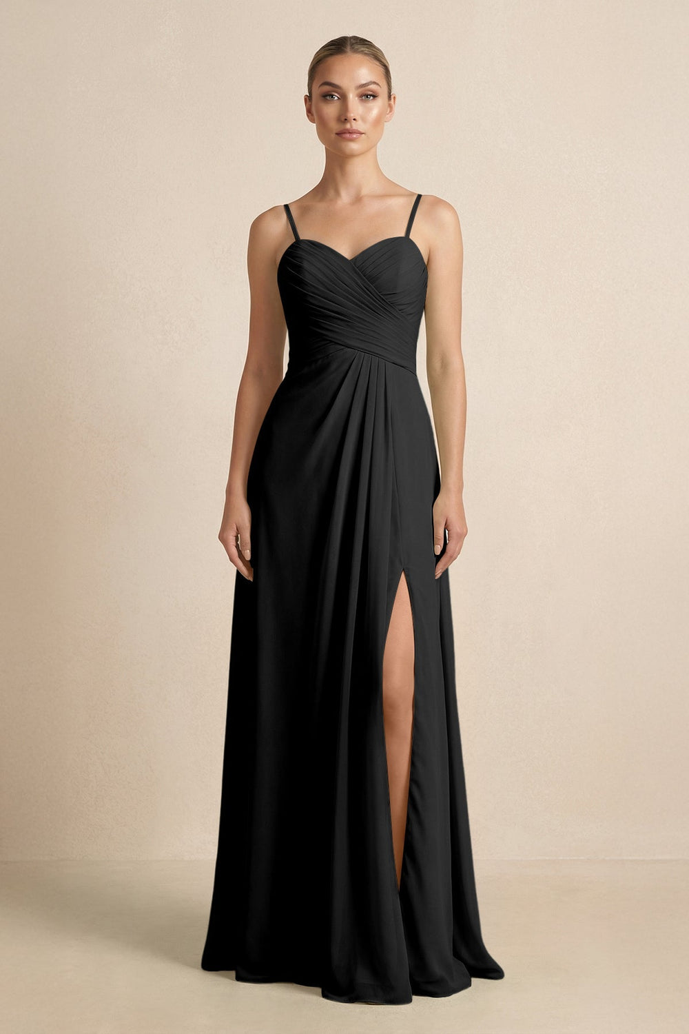 V - Neck A - Line Chiffon Pleated Bridesmaid Dress in Black - KissProm Bridesmaid Dresses