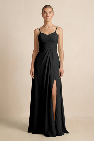 V - Neck A - Line Chiffon Pleated Bridesmaid Dress in Black - KissProm Bridesmaid Dresses