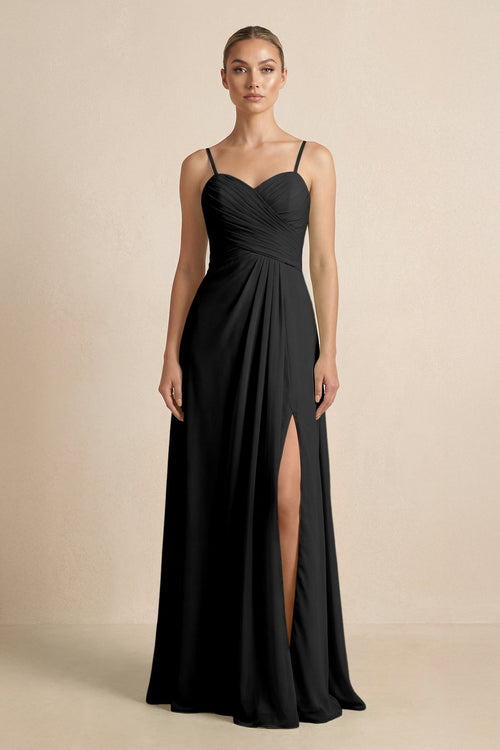 V - Neck A - Line Chiffon Pleated Bridesmaid Dress in Black - KissProm Bridesmaid Dresses