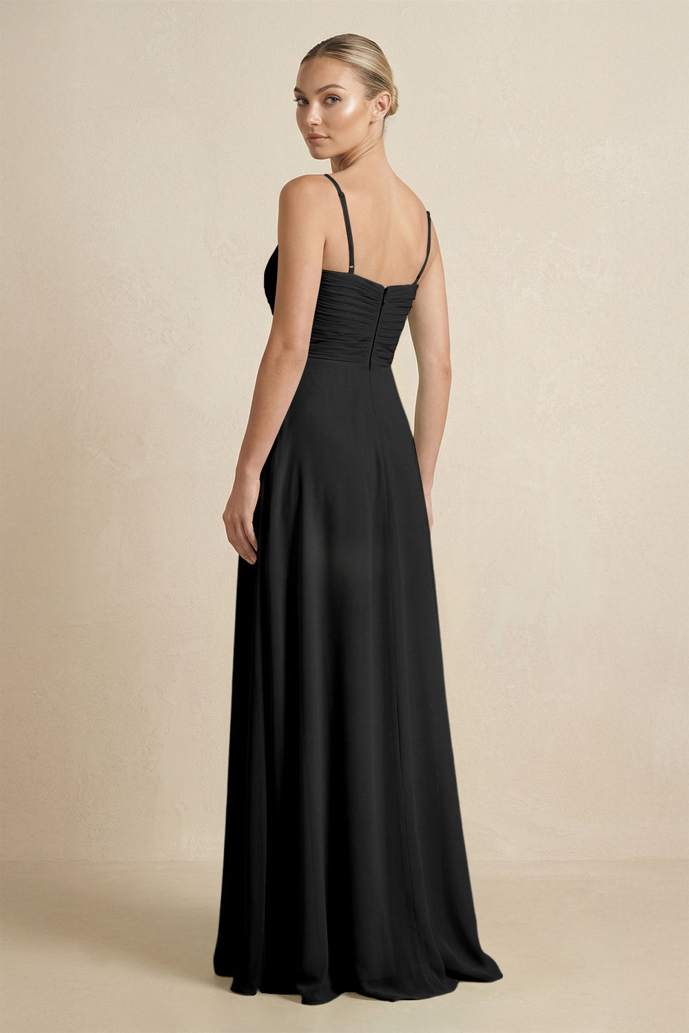 V - Neck A - Line Chiffon Pleated Bridesmaid Dress in Black - KissProm Bridesmaid Dresses