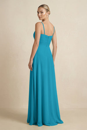 V - Neck A - Line Chiffon Pleated Bridesmaid Dress in Blue Jay - KissProm Bridesmaid Dresses