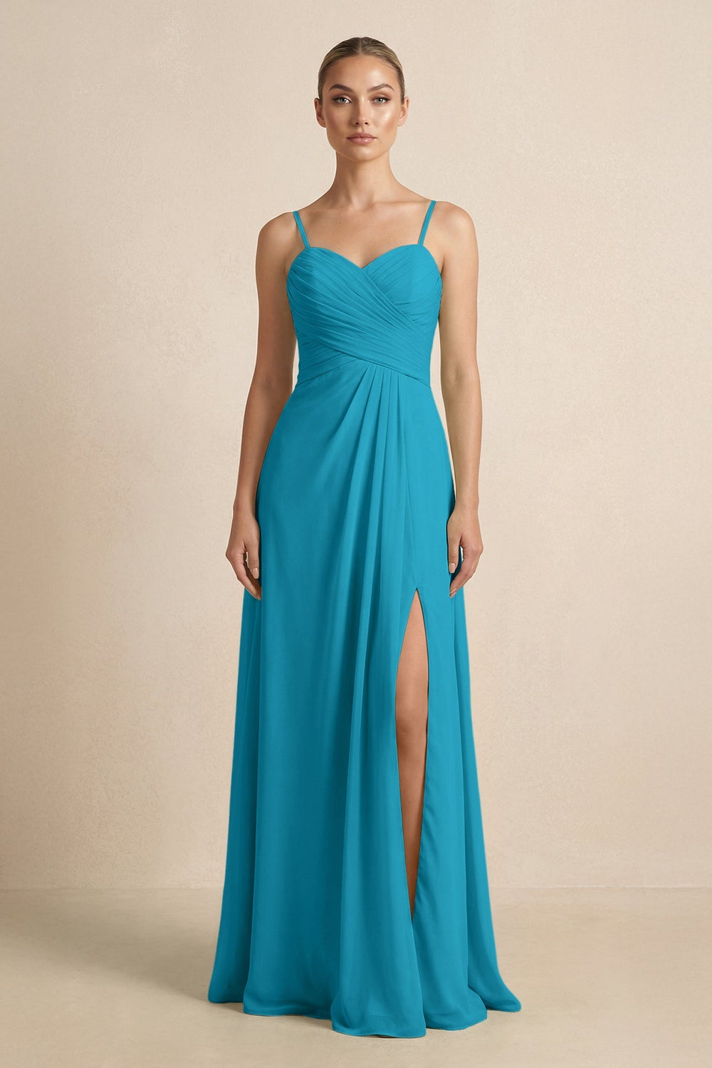 V - Neck A - Line Chiffon Pleated Bridesmaid Dress in Blue Jay - KissProm Bridesmaid Dresses