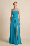 V - Neck A - Line Chiffon Pleated Bridesmaid Dress in Blue Jay - KissProm Bridesmaid Dresses