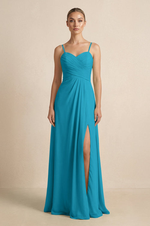 V - Neck A - Line Chiffon Pleated Bridesmaid Dress in Blue Jay - KissProm Bridesmaid Dresses