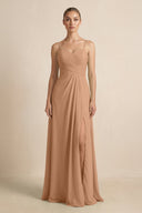 V - Neck A - Line Chiffon Pleated Bridesmaid Dress in Bronzer - KissProm Bridesmaid Dresses