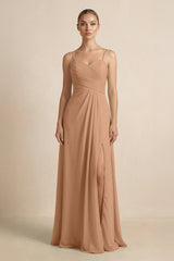 V - Neck A - Line Chiffon Pleated Bridesmaid Dress in Bronzer - KissProm Bridesmaid Dresses