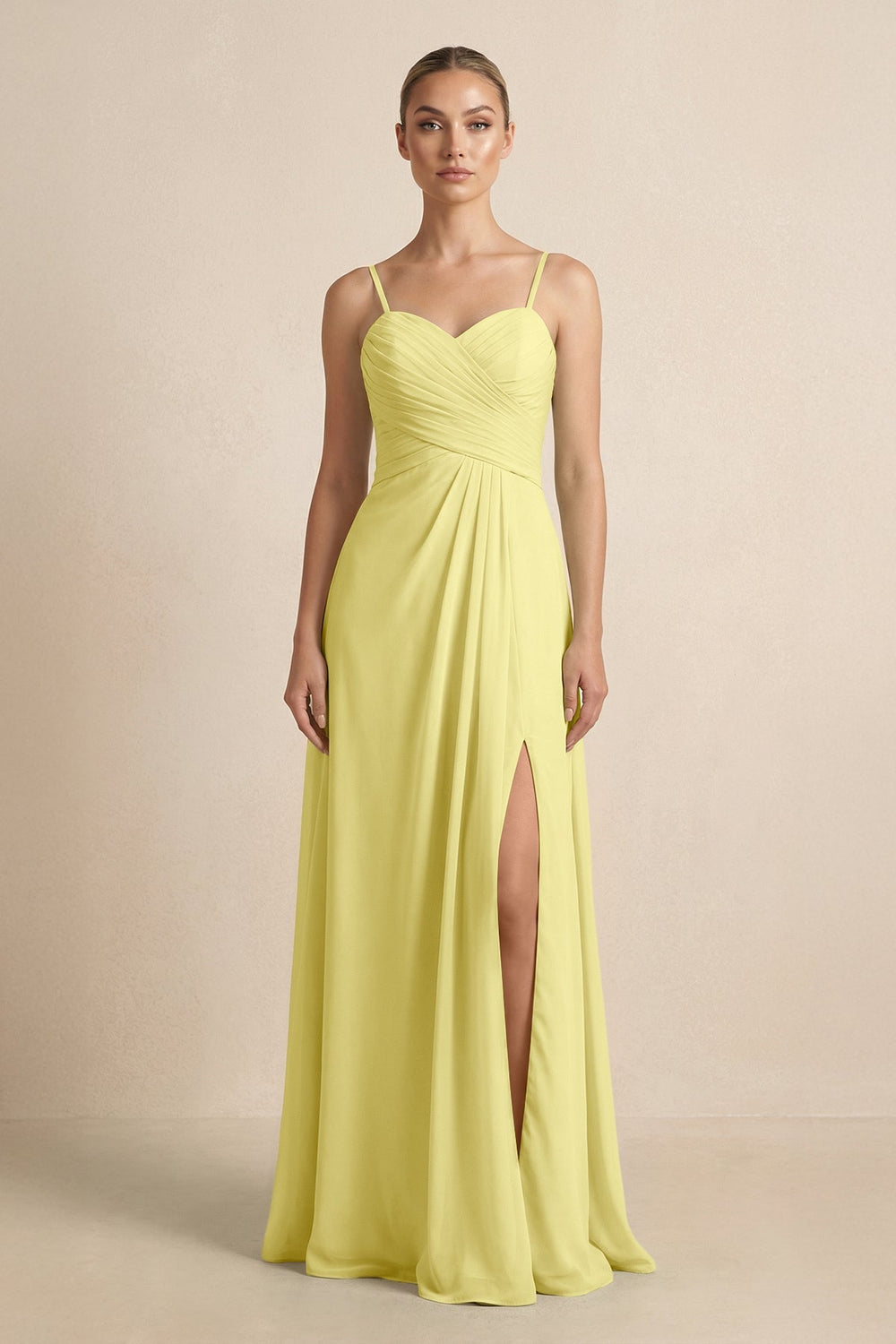 V - Neck A - Line Chiffon Pleated Bridesmaid Dress in Buttercup - KissProm Bridesmaid Dresses